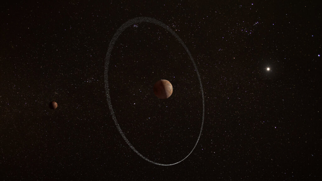 Cheops của ESA tìm thấy một chiếc nhẫn bất ngờ xung quanh hành tinh lùn Quaoar 1 Artist impression of Quaoar and its ring pillars