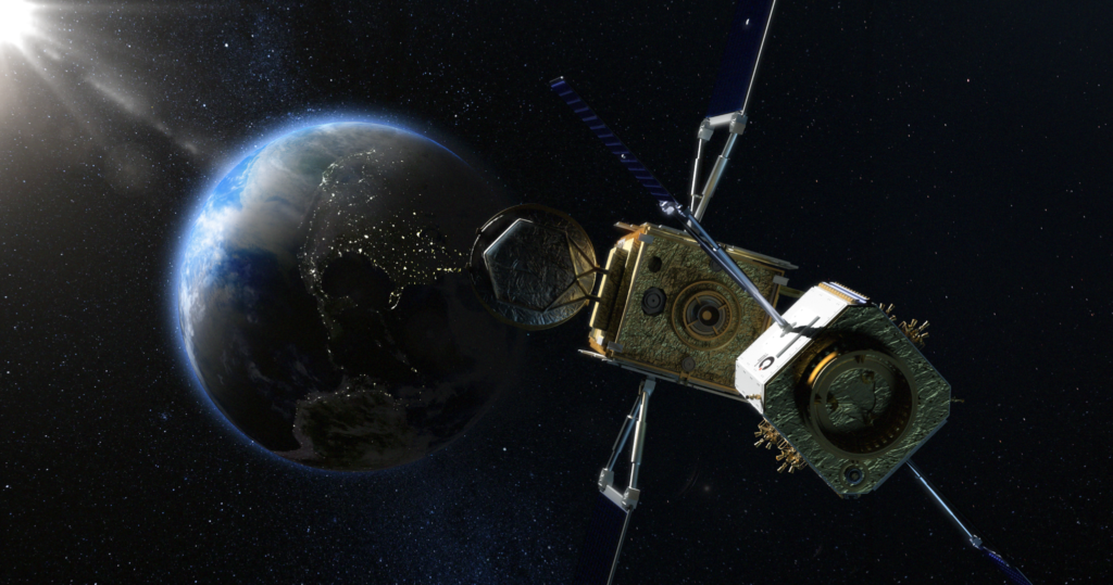 Servicing spacecraft approaches a satellite pillars